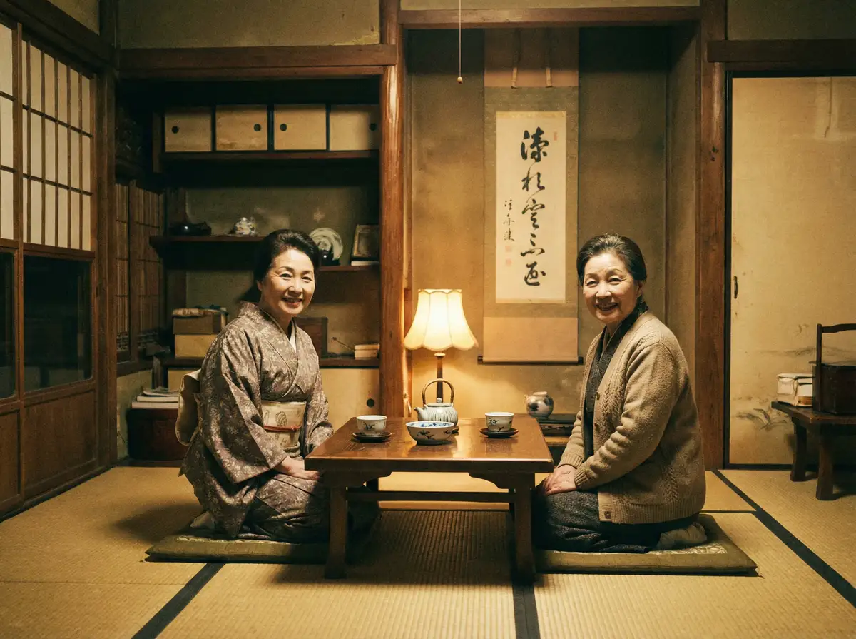 两位优雅的 91.n 在日式茶室中品茶交谈